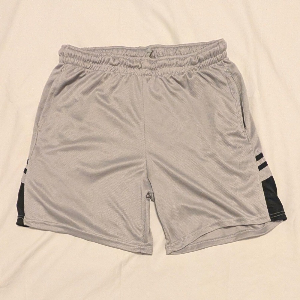 Essential Elements Gray Mesh Athletic Shorts XL Womens Black Stripe Pockets Gym